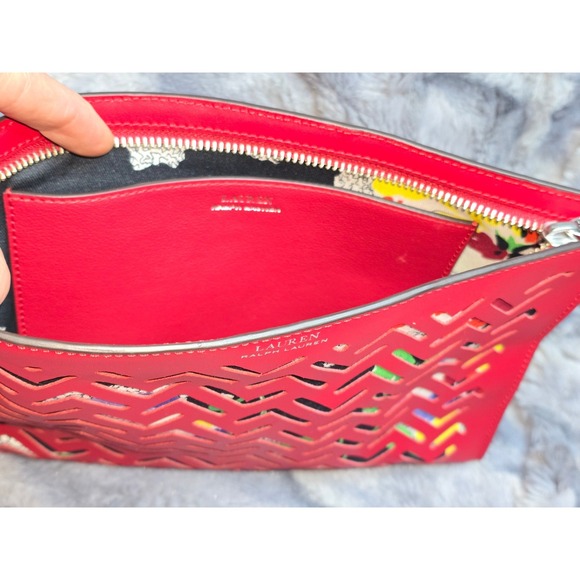 NWOT Lauren Ralph Lauren Red Laser Cut Geometric Floral Wristlet Clutch